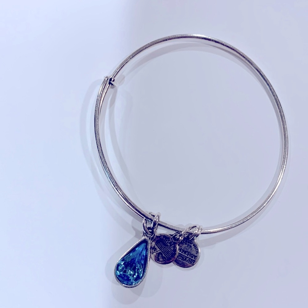 Alex and Ani March birthstone Aquamarine teardrop silver bangle bracelet